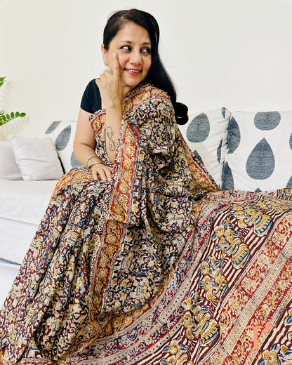 Handblock printed Chennur silk Kalamkari saree with heritage motifs
