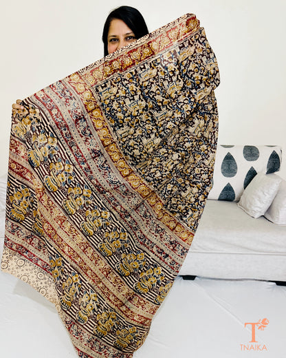 Pallu detail of earthy Chennur silk Kalamkari saree