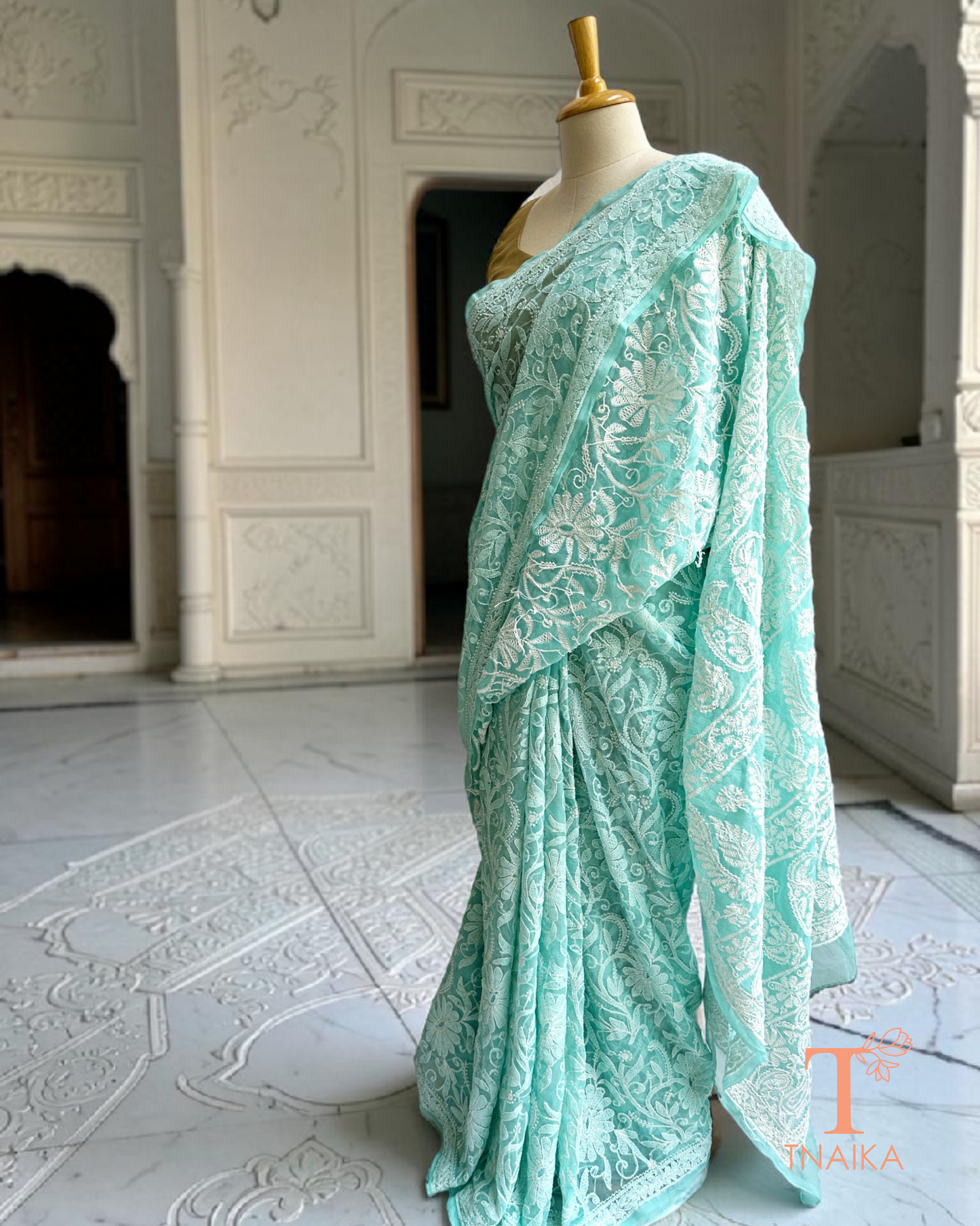 georgette chikankari saree with detailed all-over floral jaal work