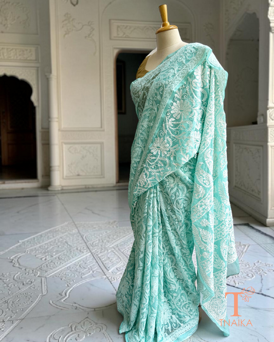 georgette chikankari saree with detailed all-over floral jaal work