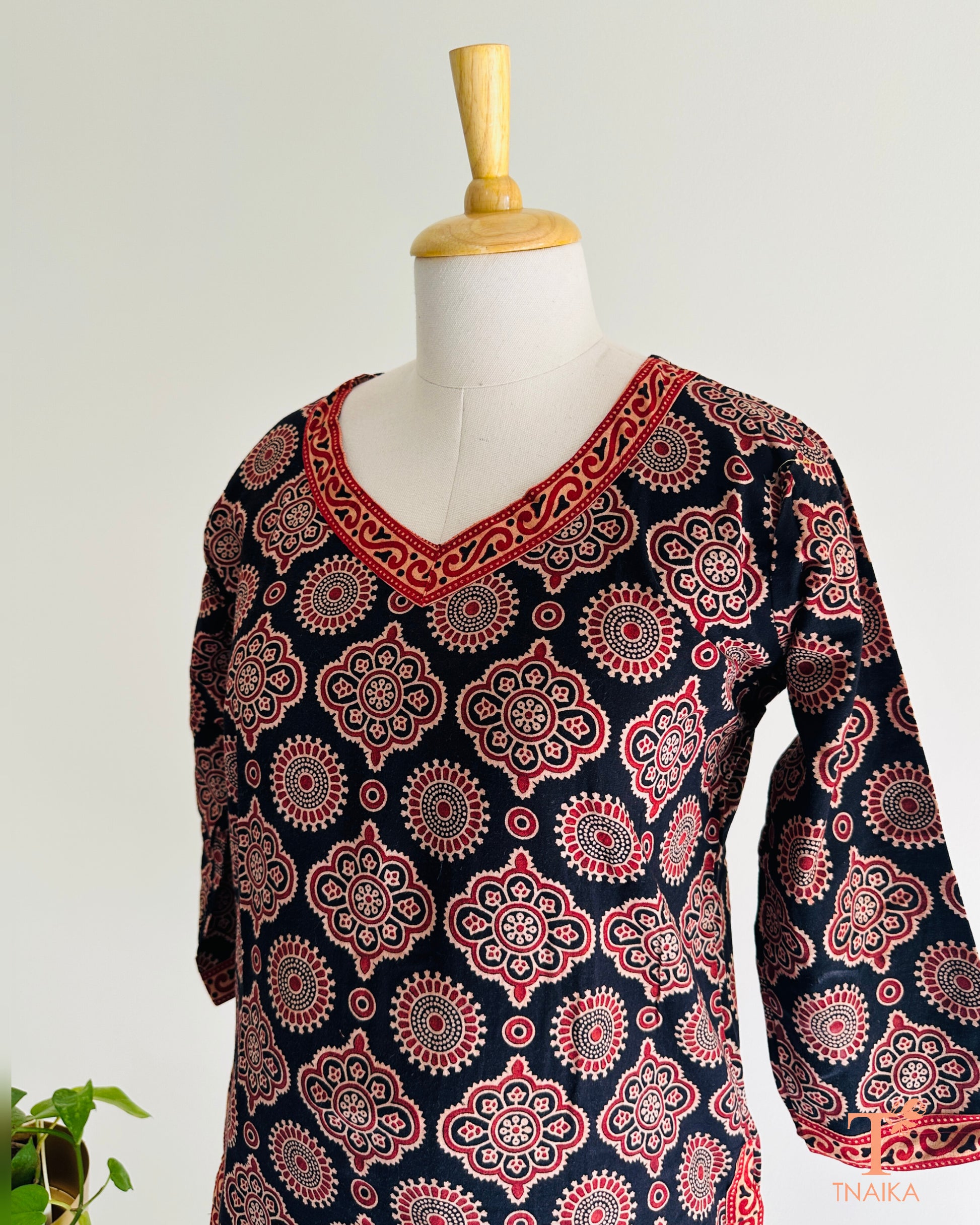 Front view of Ajrakh print kurti and skirt set for women